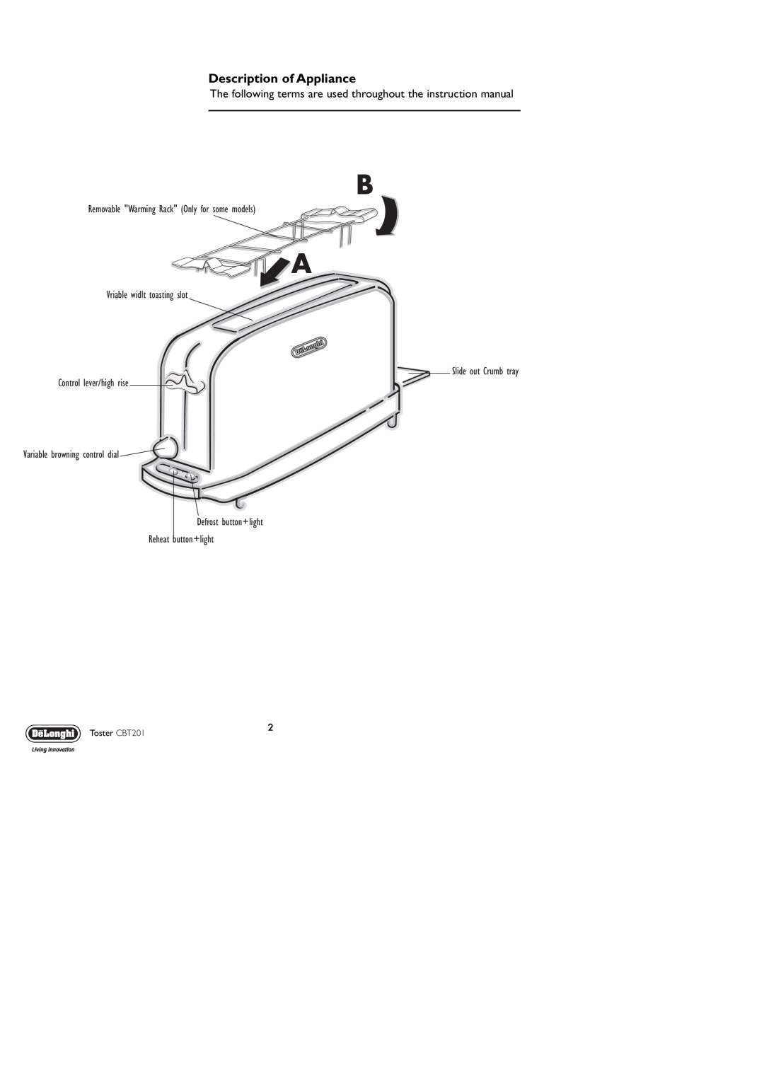 DeLonghi CBT201 manual Description of Appliance, Removable Warming Rack Only for some models, Control lever/high rise 