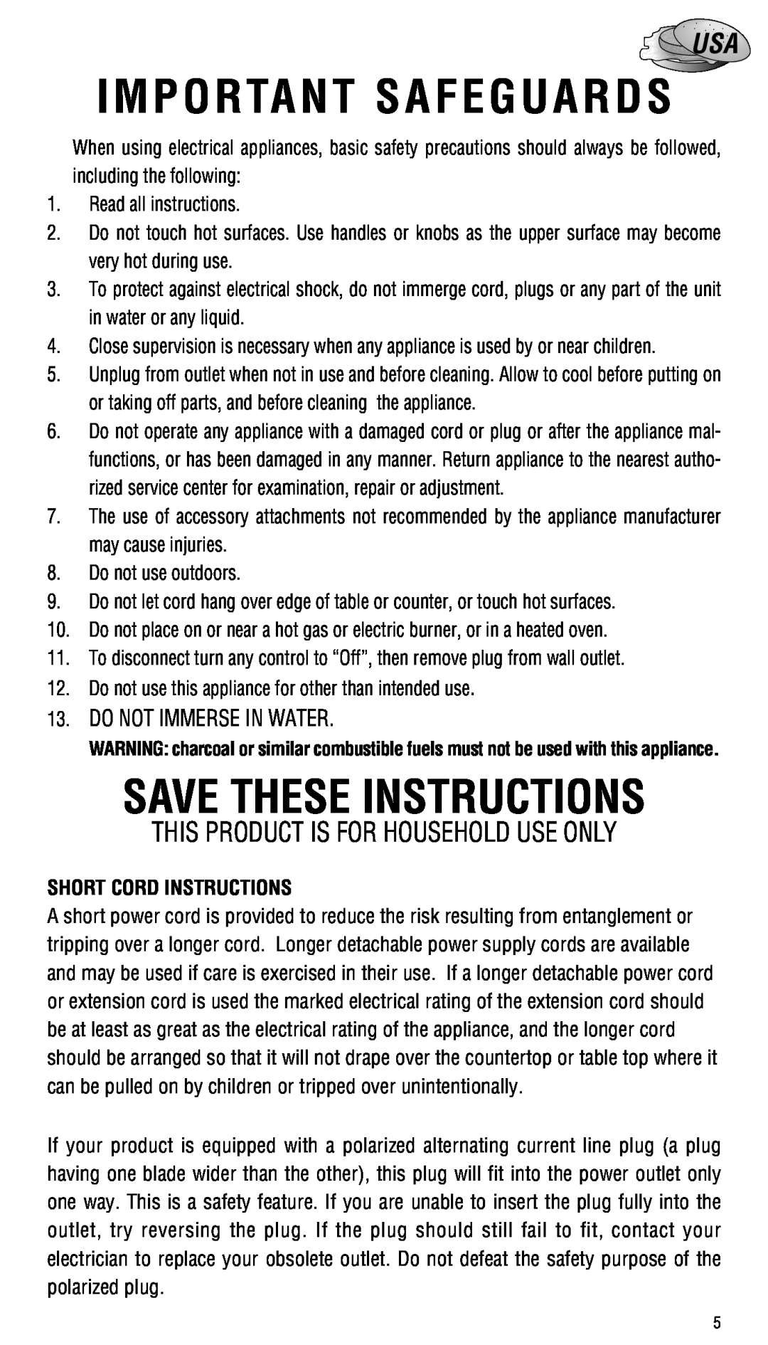 DeLonghi CGH800 manual Short Cord Instructions, Important Safeguards, Save These Instructions, Do Not Immerse In Water 