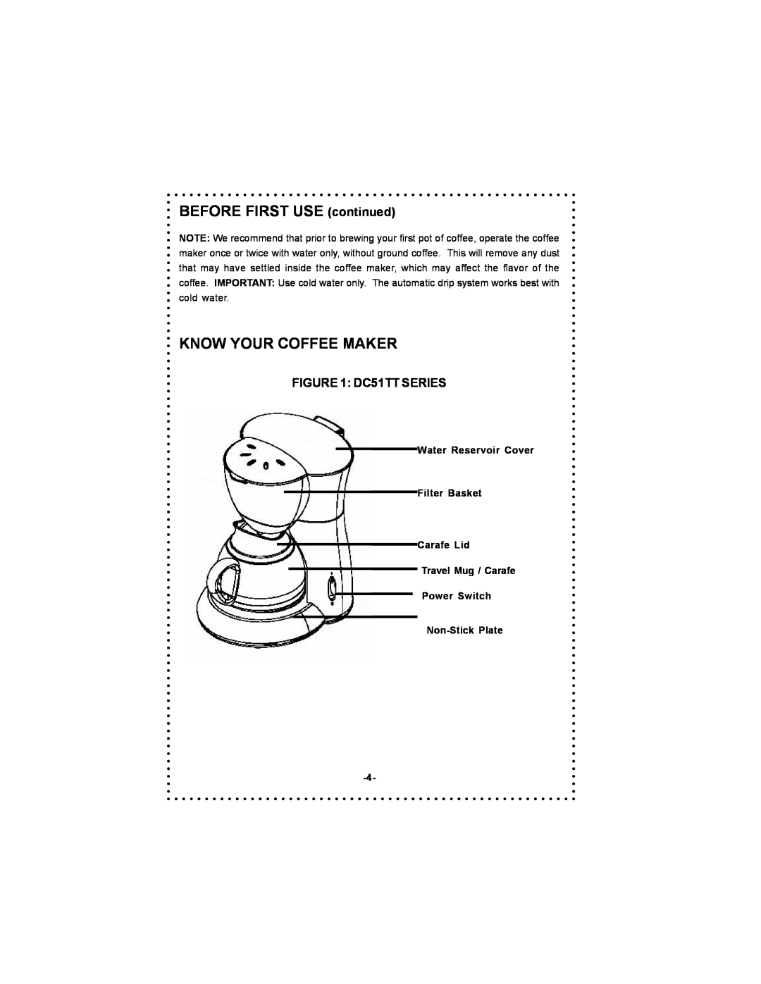 DeLonghi Coffee Makers instruction manual BEFORE FIRST USE continued, Know Your Coffee Maker, DC51TT SERIES 