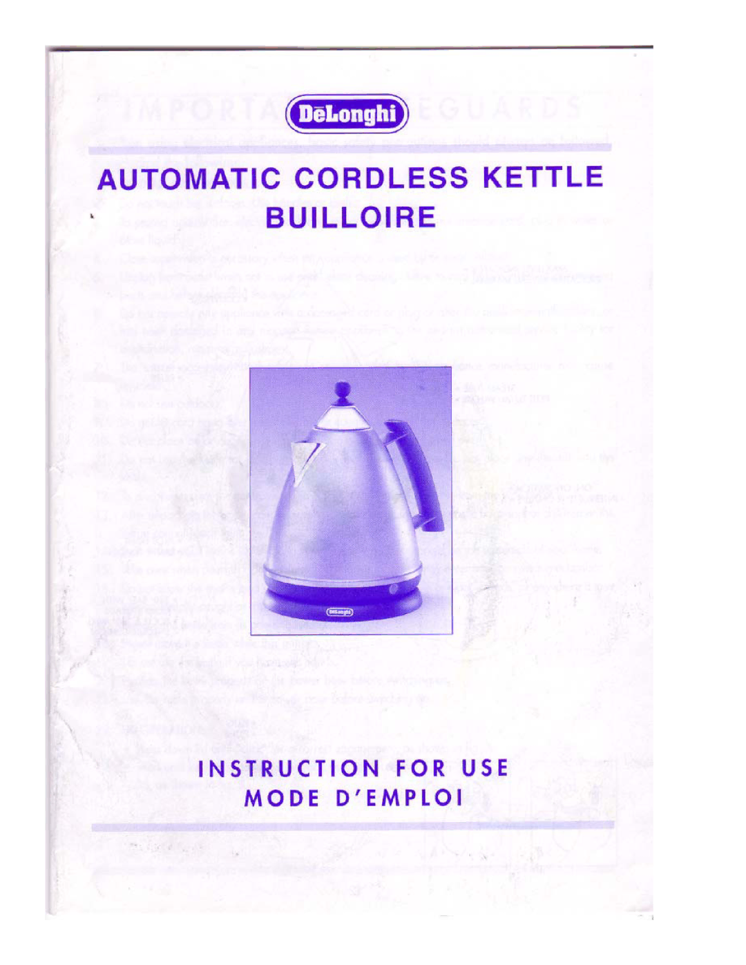 DeLonghi Cordless Kettle Builloire manual 