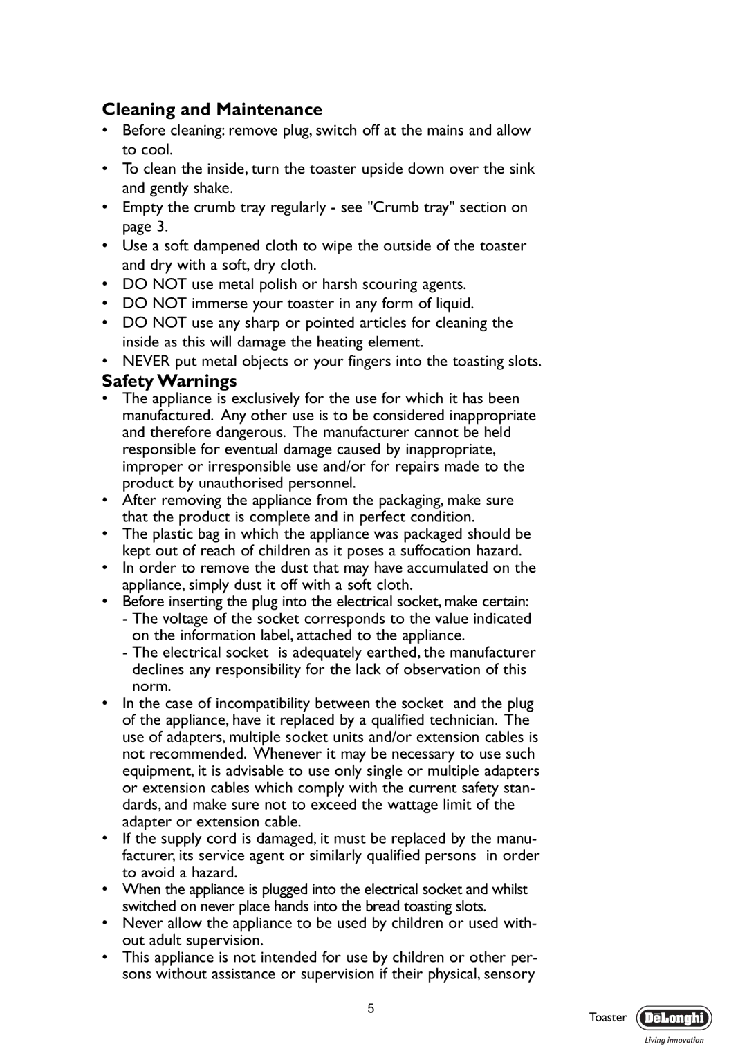 DeLonghi CT04R manual Cleaning and Maintenance, Safety Warnings 