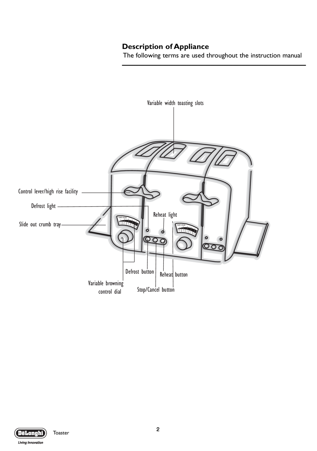 DeLonghi CT04R Description of Appliance, Variable width toasting slots Control lever/high rise facility, control dial 