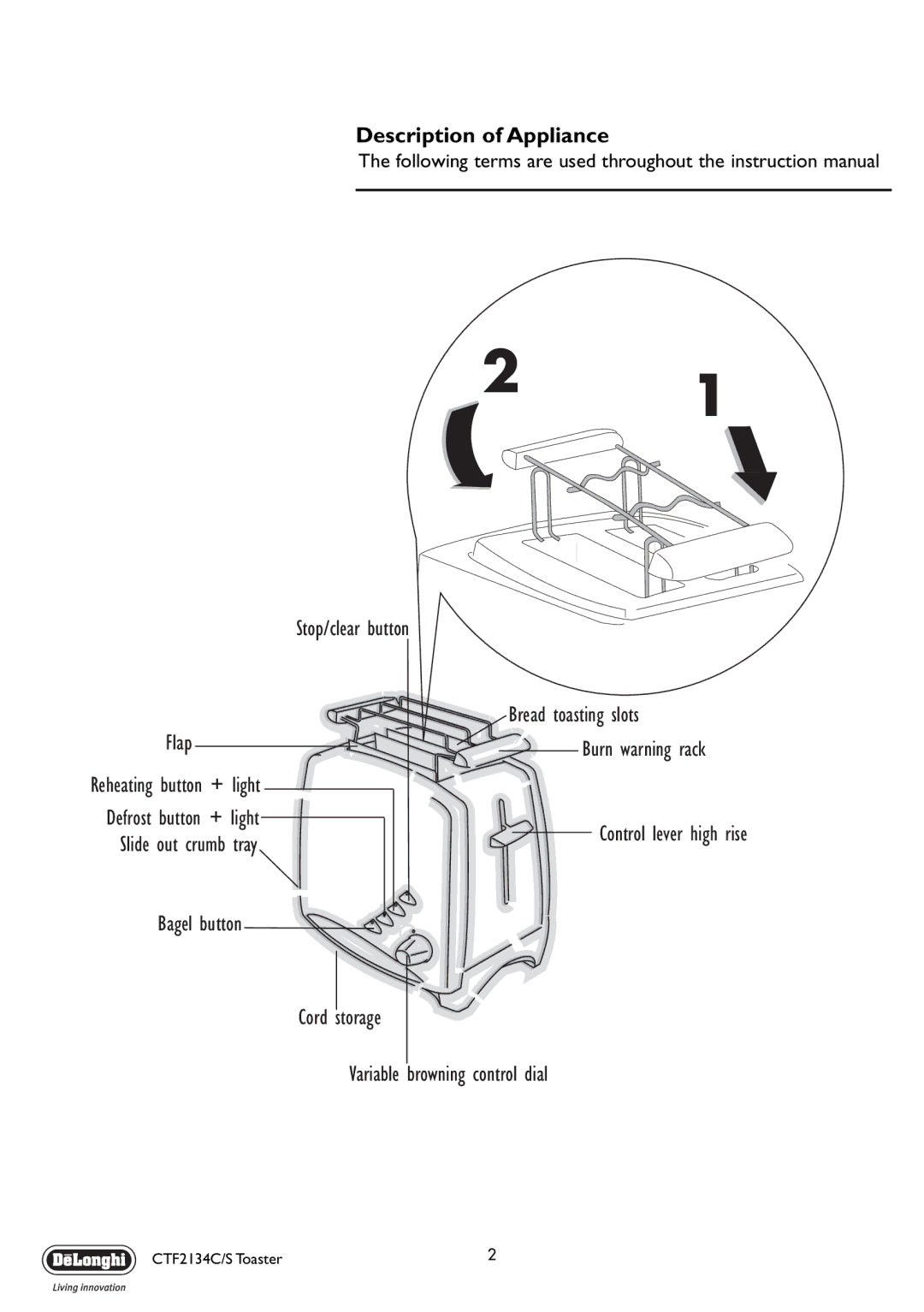 DeLonghi CTF2134C/S manual Description of Appliance 