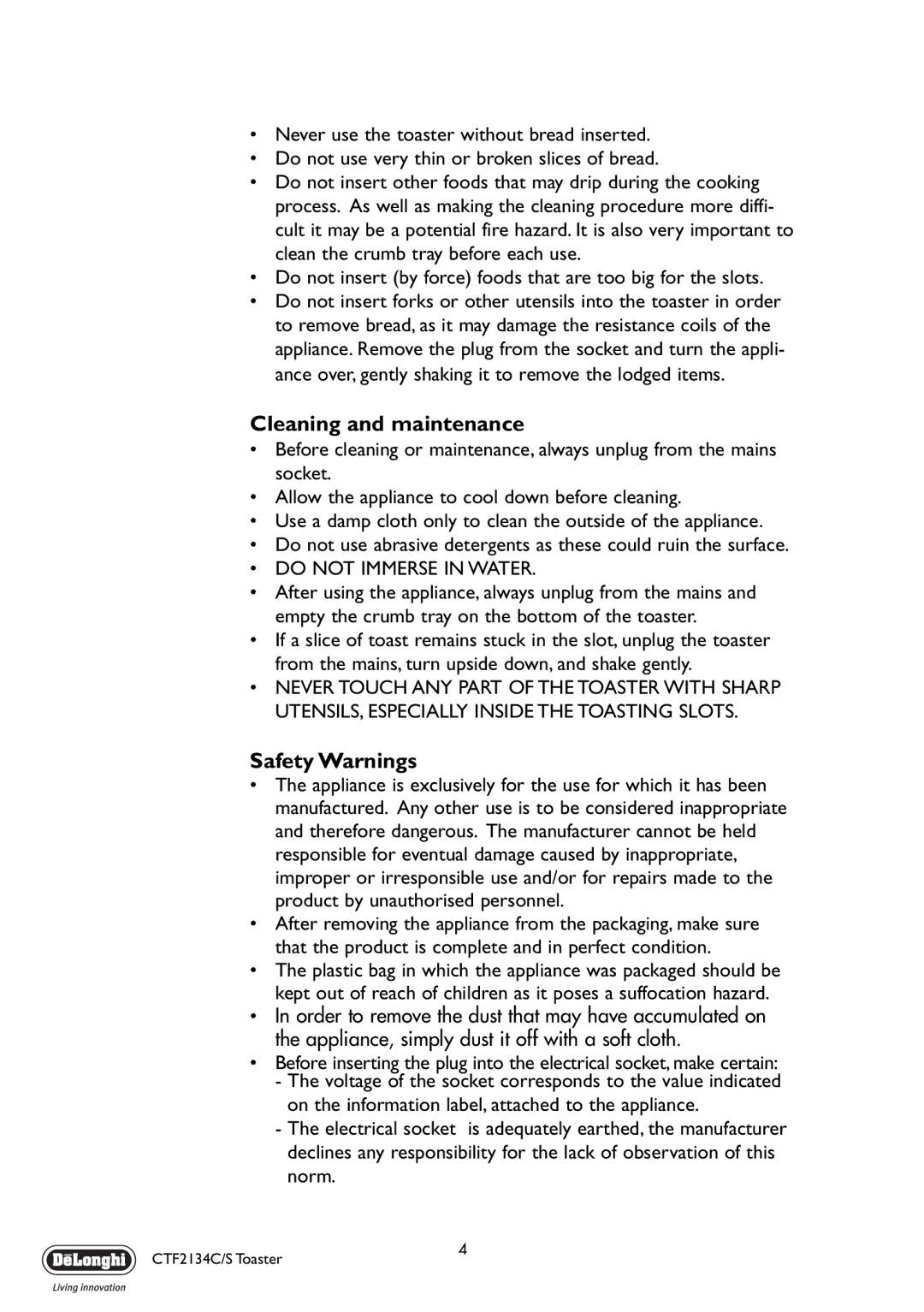 DeLonghi CTF2134C/S manual Cleaning and maintenance, Safety Warnings 