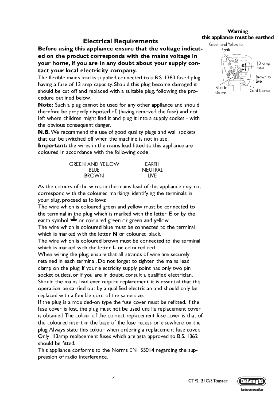 DeLonghi CTF2134C/S manual Electrical Requirements, Tact your local electricity company 