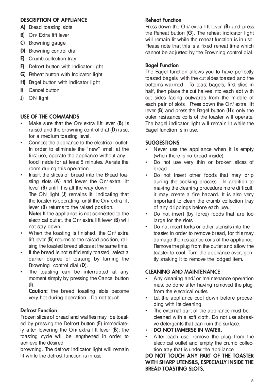 DeLonghi CTH4003B, CTH2003B manual Description of Appliance, USE of the Commands, Suggestions, Cleaning and Maintenance 