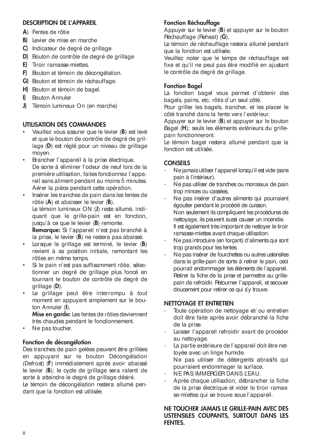 DeLonghi CTH4003B, CTH2003B manual Description DE L’APPAREIL, Utilisation DES Commandes, Conseils, Nettoyage ET Entretien 