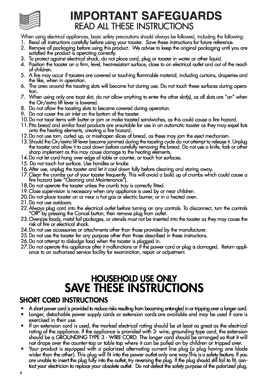 DeLonghi CTH2003B manual Save These Instructions, Read All These Instructions, Household Use Only, Short Cord Instructions 