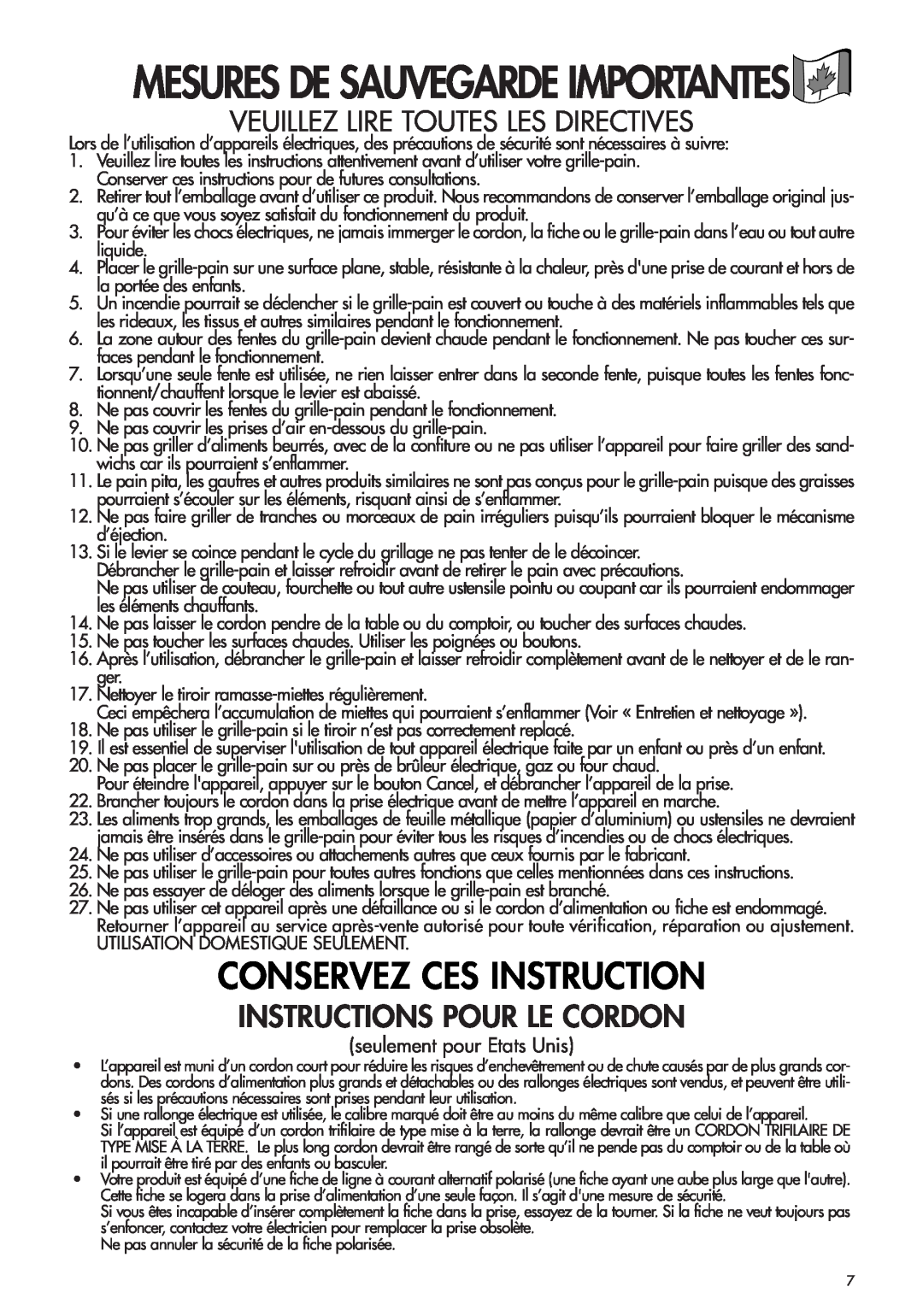 DeLonghi CTH2003B, CTH4003 Instructions Pour Le Cordon, Veuillez Lire Toutes Les Directives, Conservez Ces Instruction 