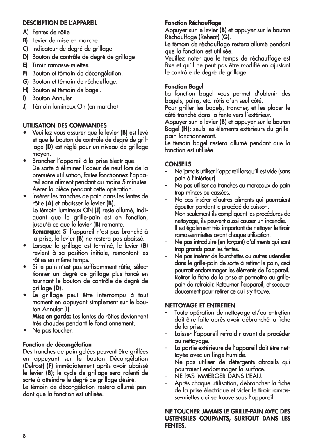 DeLonghi CTH4003B, CTH2003B manual DESCRIPTION DE L’APPAREIL A Fentes de rôtie 