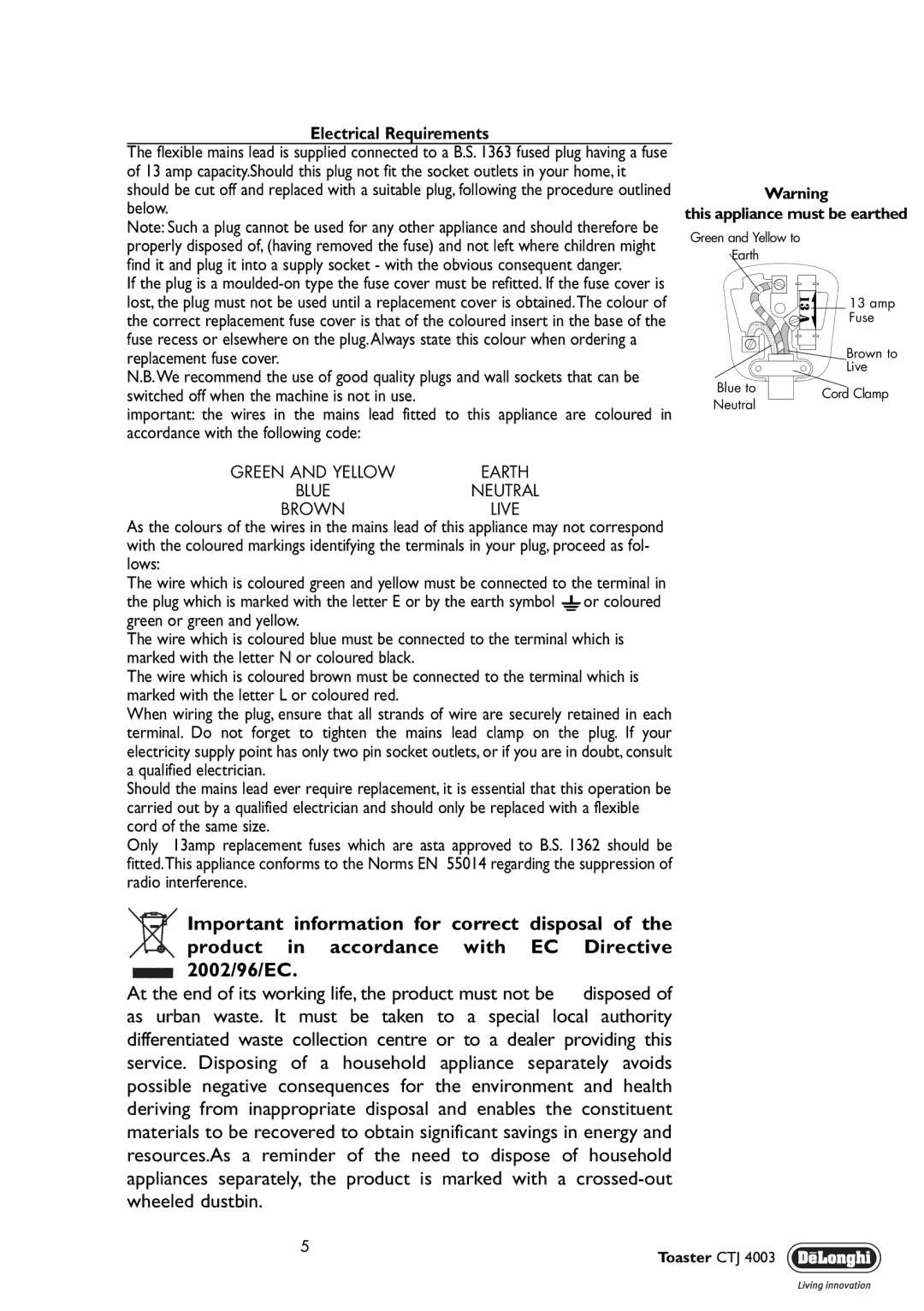 DeLonghi CTJ 4003 manual Electrical Requirements 