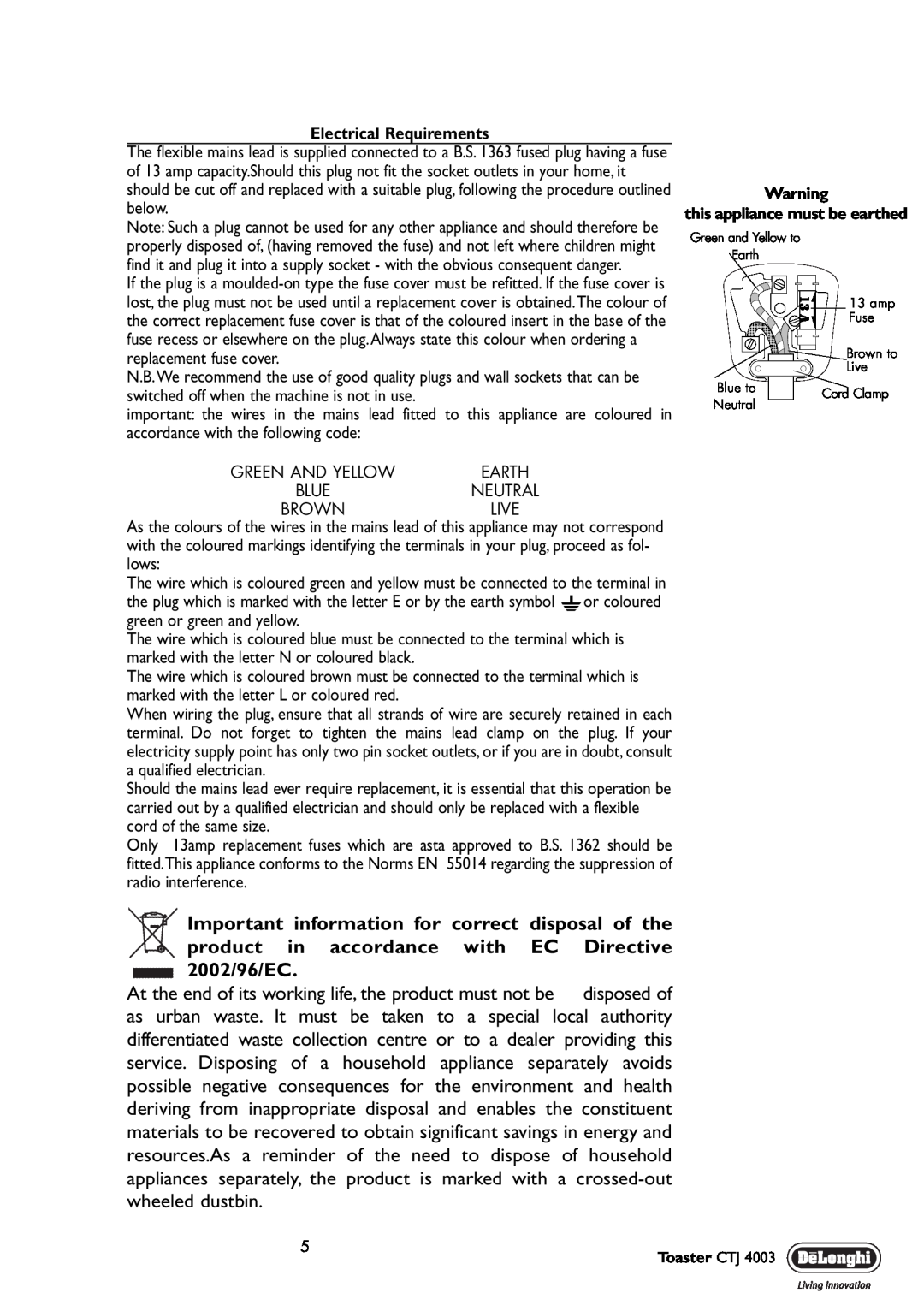 DeLonghi CTJ 4003 manual Electrical Requirements, Brown 
