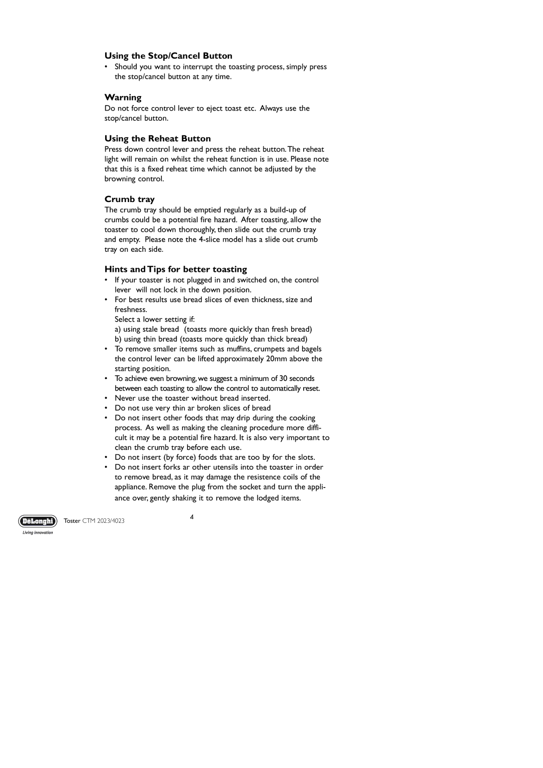 DeLonghi CTM 4023, CTM 2023 manual Using the Stop/Cancel Button, Crumb tray, Hints and Tips for better toasting 