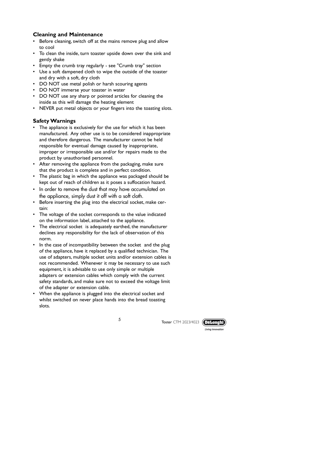 DeLonghi CTM 2023, CTM 4023 manual Cleaning and Maintenance, Safety Warnings 
