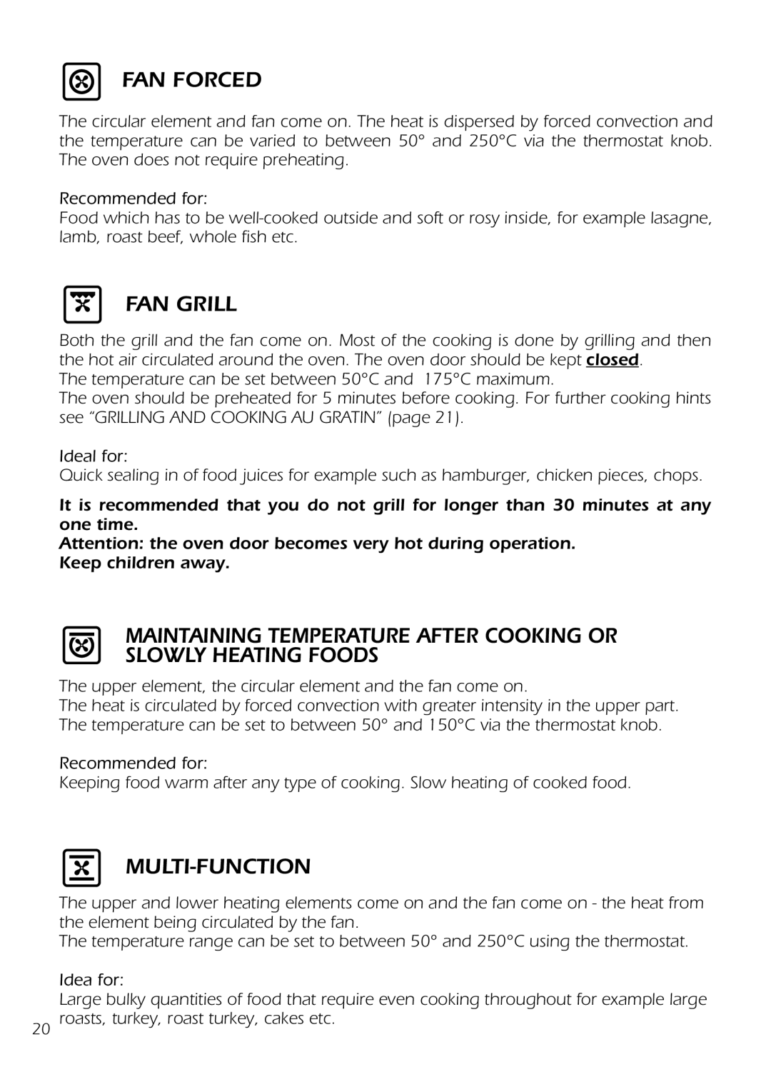 DeLonghi D 61 E manual FAN Forced, FAN Grill, Multi-Function 