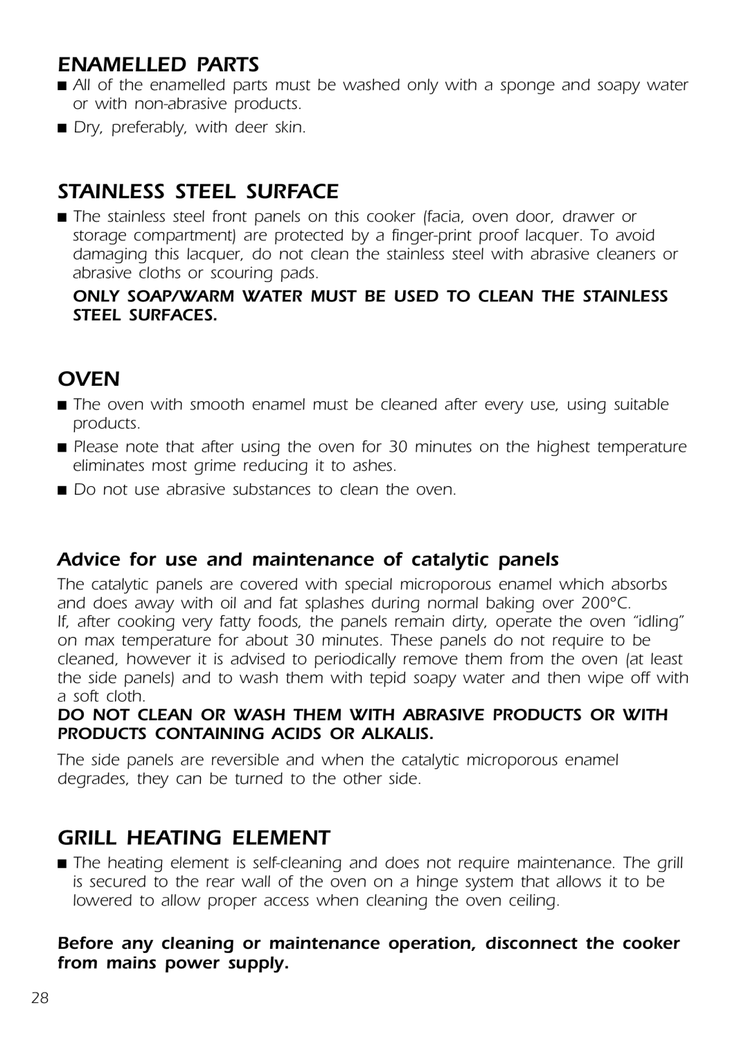 DeLonghi D 61 E manual Enamelled Parts, Stainless Steel Surface, Oven, Grill Heating Element 