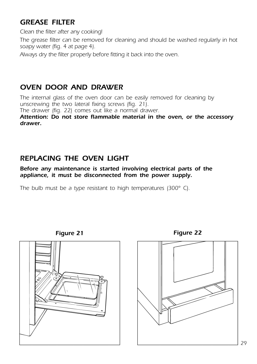 DeLonghi D 61 E manual Oven Door and Drawer, Replacing the Oven Light 