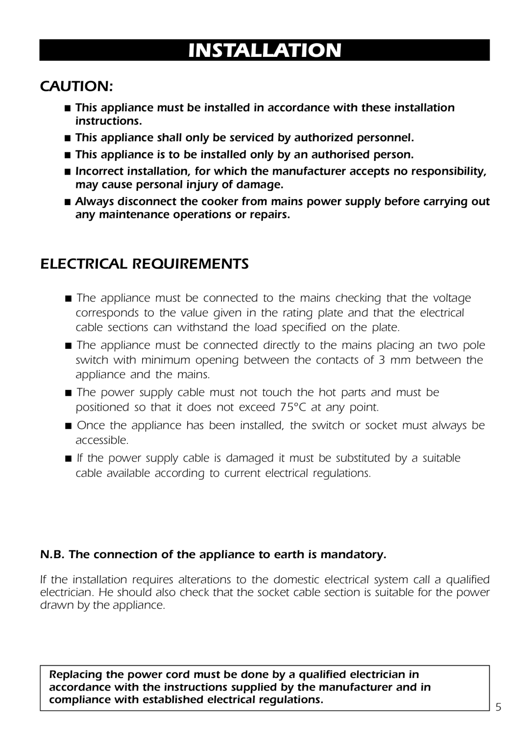 DeLonghi D 61 E manual Installation, Electrical Requirements 