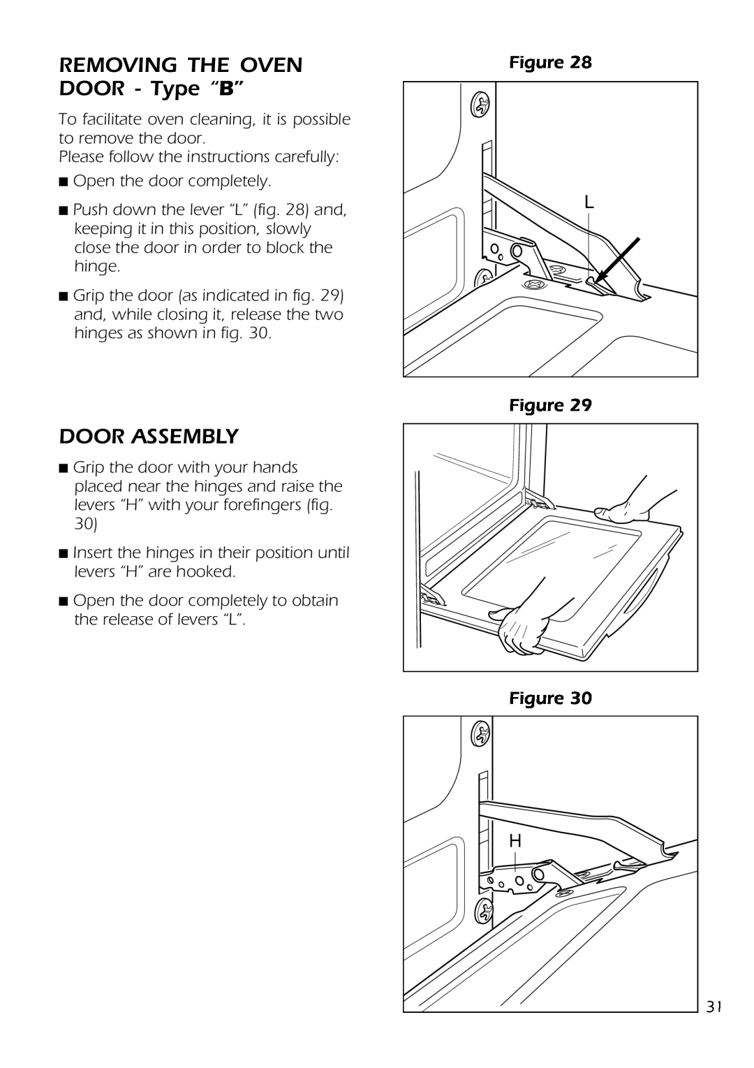 DeLonghi D 61 E manual REMOVING THE OVEN DOOR - Type “B”, Door Assembly 