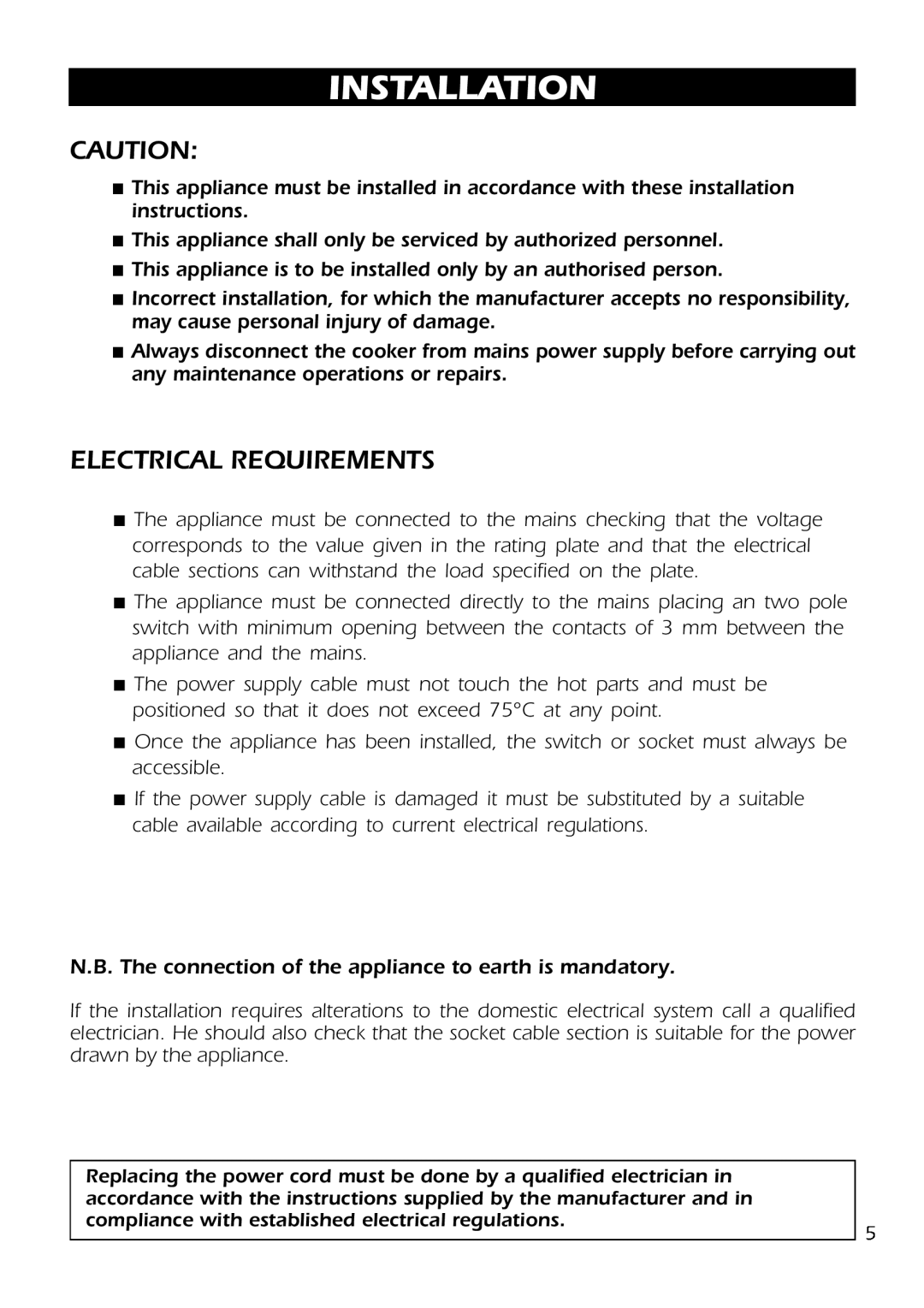DeLonghi D 61 E manual Installation, Electrical Requirements 