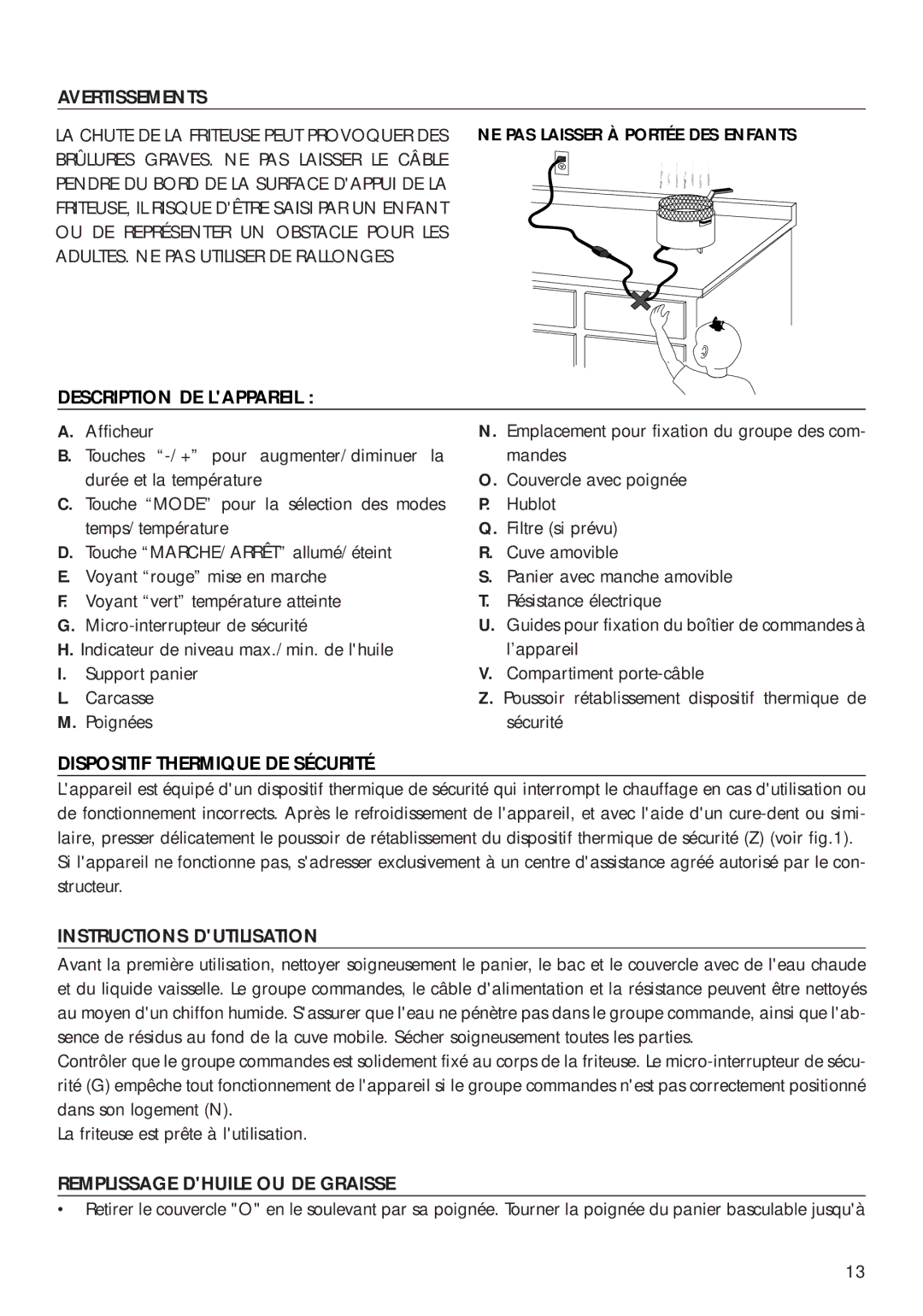 DeLonghi D14427DZ manual Description DE Lappareil, Dispositif Thermique DE Sécurité, Instructions Dutilisation 