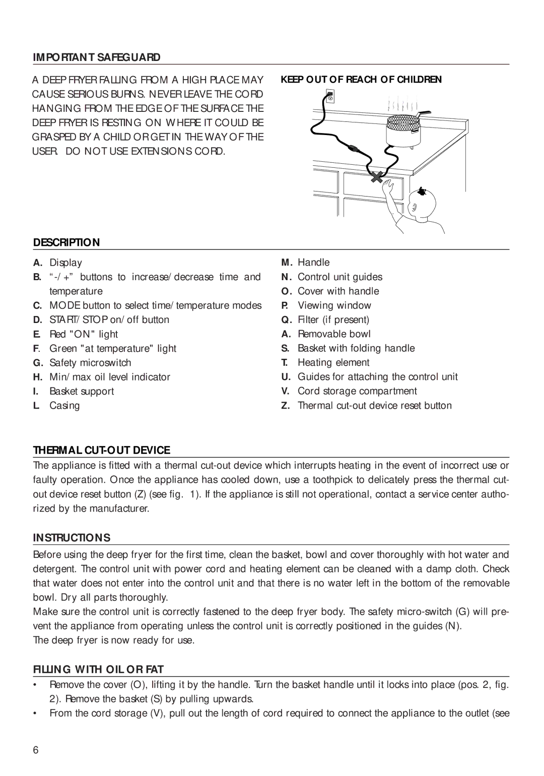 DeLonghi D14427DZ manual Important Safeguard, Description, Thermal CUT-OUT Device, Instructions, Filling with OIL or FAT 