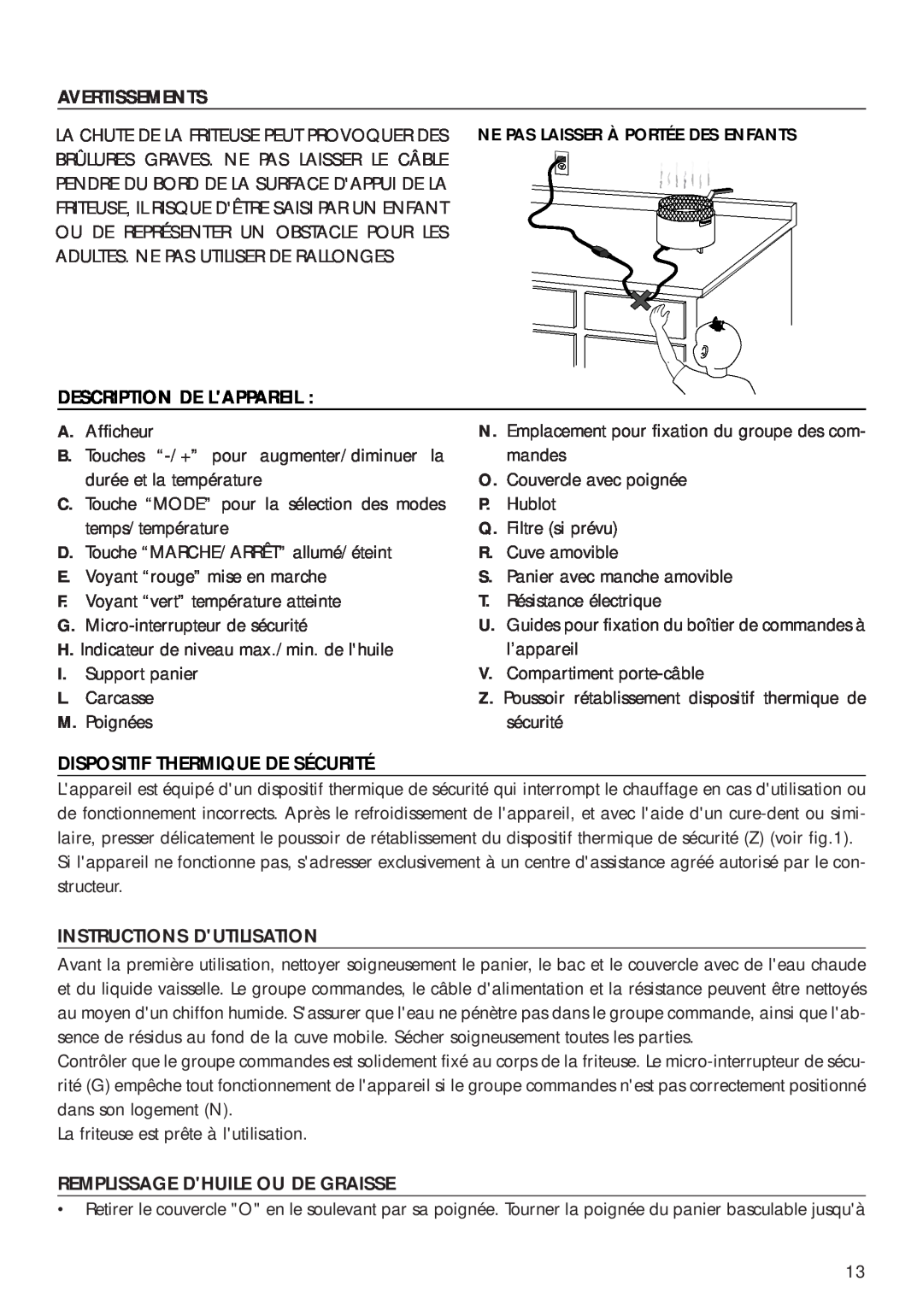 DeLonghi D14427DZ Description De Lappareil, Dispositif Thermique De Sécurité, Instructions Dutilisation, Avertissements 
