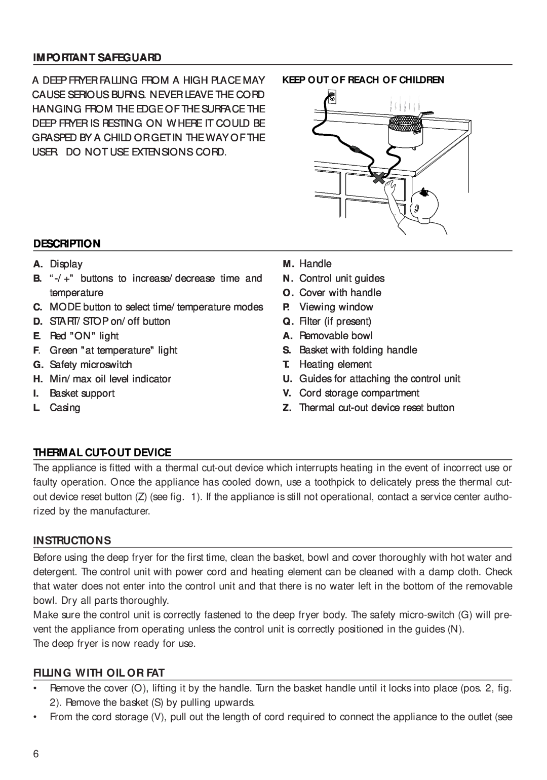 DeLonghi D14427DZ manual Important Safeguard, Description, Thermal Cut-Out Device, Instructions, Filling With Oil Or Fat 