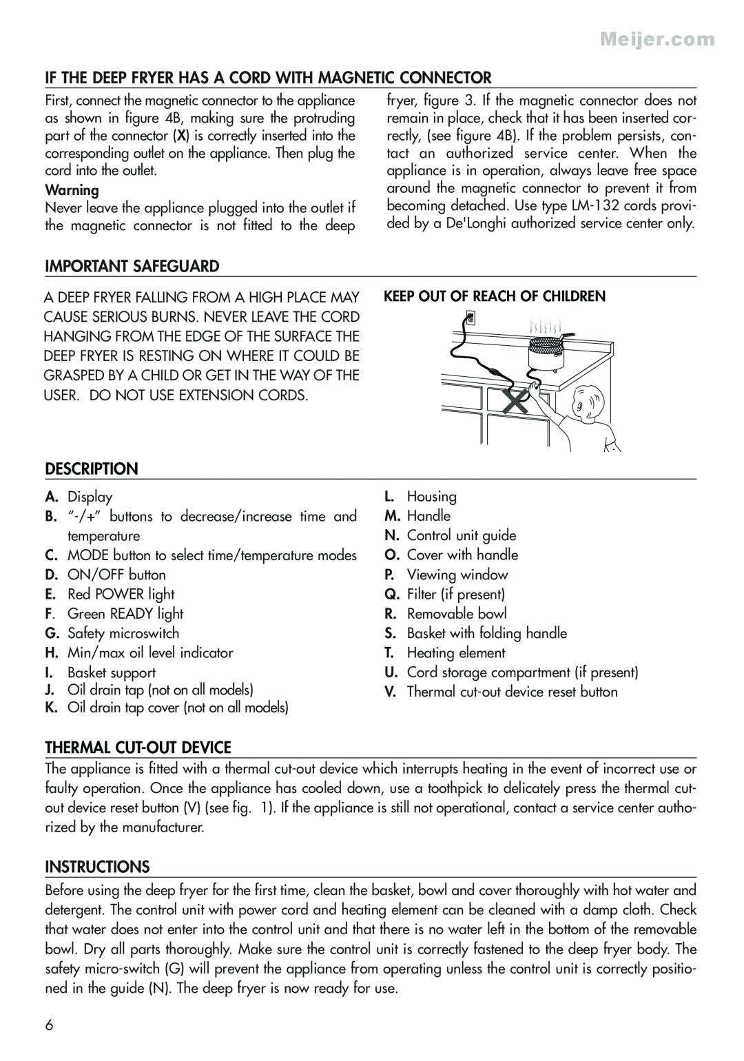 DeLonghi D24527 manual Important Safeguard, Description, Thermal Cut-Outdevice, Instructions 