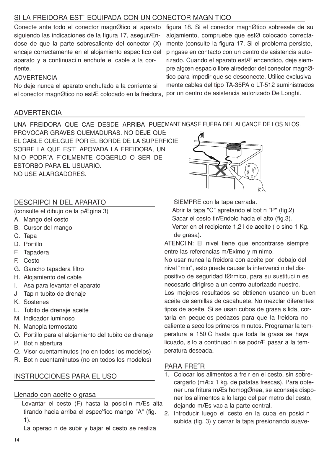 DeLonghi D28313 SI LA Freidora Está Equipada CON UN Conector Magnético, Advertencia, Descripción DEL Aparato, Para Freír 