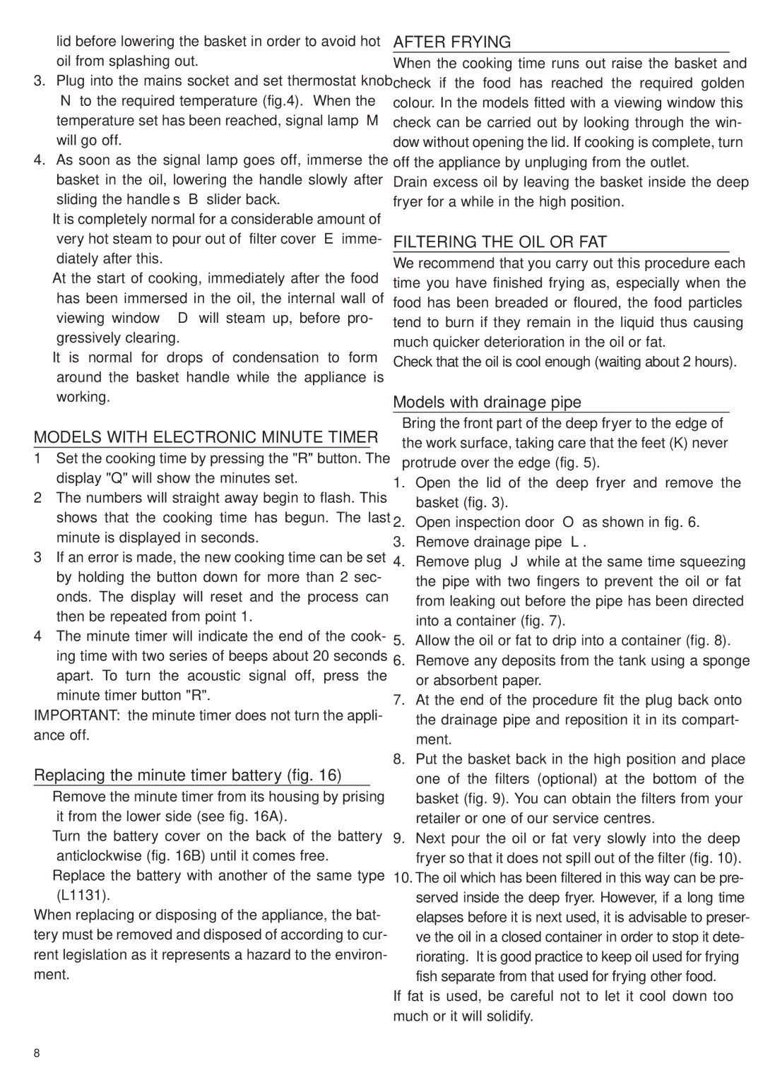 DeLonghi D28313 manual Models with Electronic Minute Timer, Replacing the minute timer battery fig, After Frying 