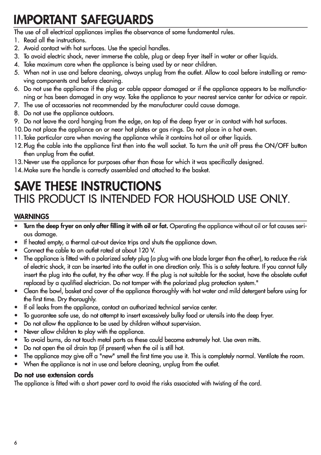 DeLonghi D28313 manual Important Safeguards, Save These Instructions, Warnings, Do not use extension cords 