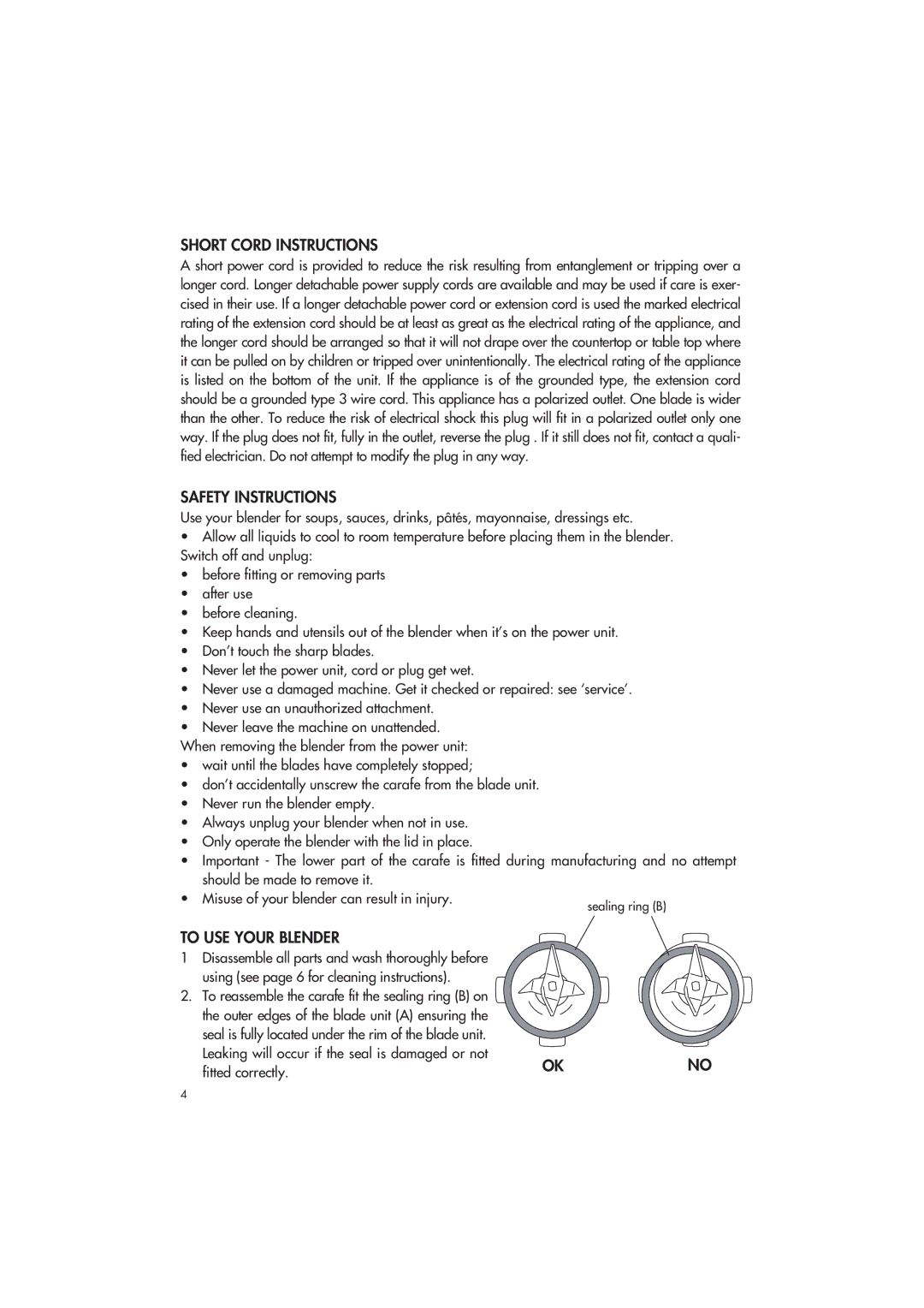 DeLonghi DBL650 manual Short Cord Instructions, Safety Instructions, To USE Your Blender 