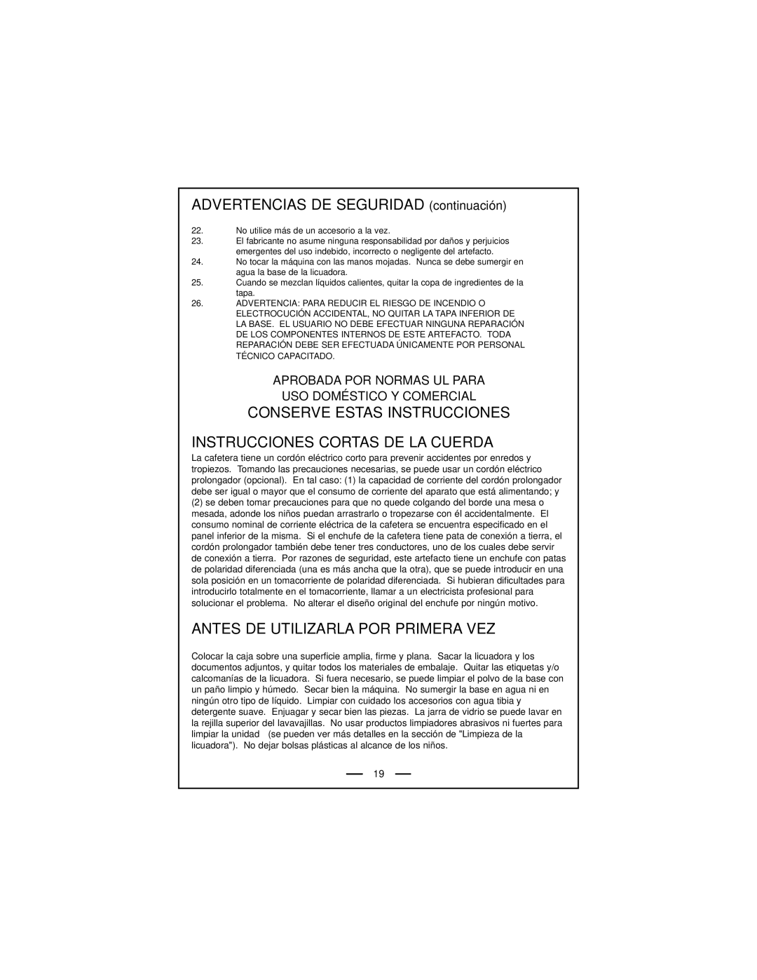 DeLonghi DBL740 Series instruction manual Advertencias DE Seguridad continuación, Antes DE Utilizarla POR Primera VEZ 