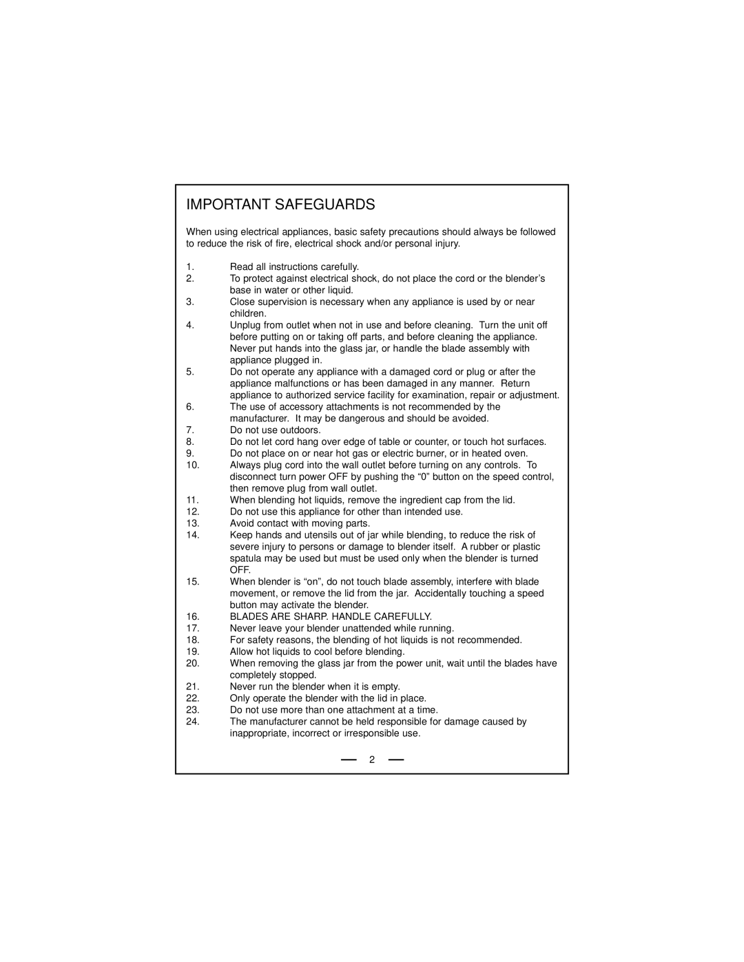 DeLonghi DBL740 Series instruction manual Important Safeguards, Blades are SHARP. Handle Carefully 