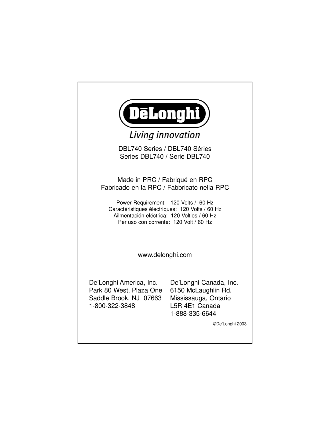 DeLonghi DBL740 Series instruction manual De’Longhi 