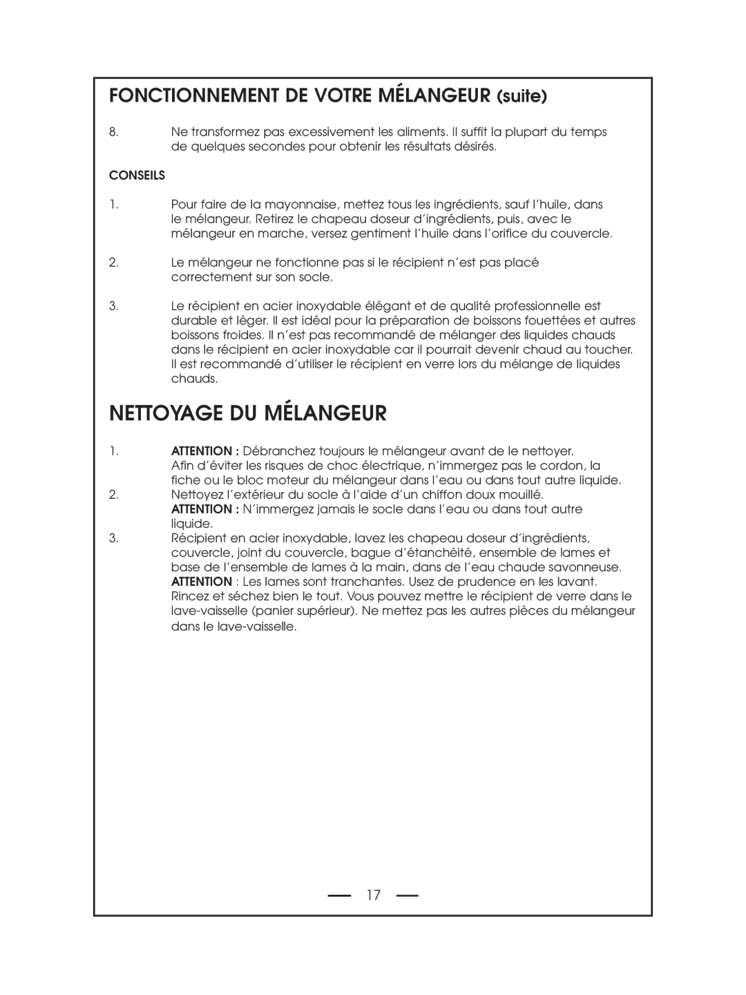 DeLonghi DBL750 Series instruction manual Nettoyage DU Mélangeur, Conseils 