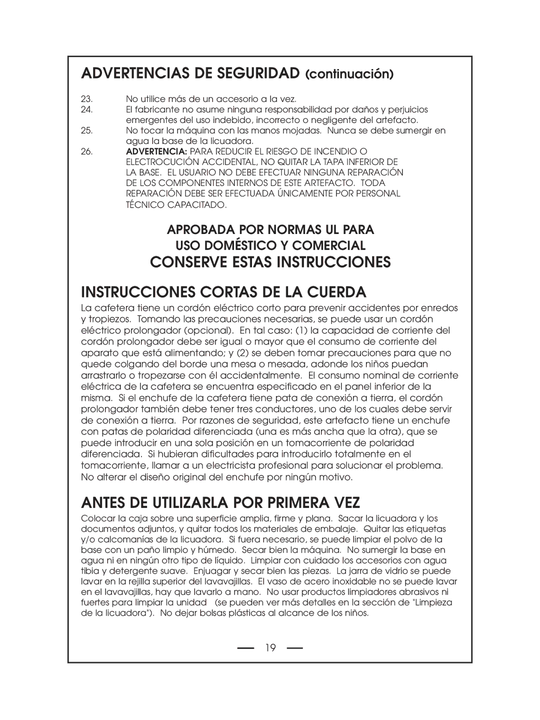 DeLonghi DBL750 Series instruction manual Advertencias DE Seguridad continuación, Antes DE Utilizarla POR Primera VEZ 