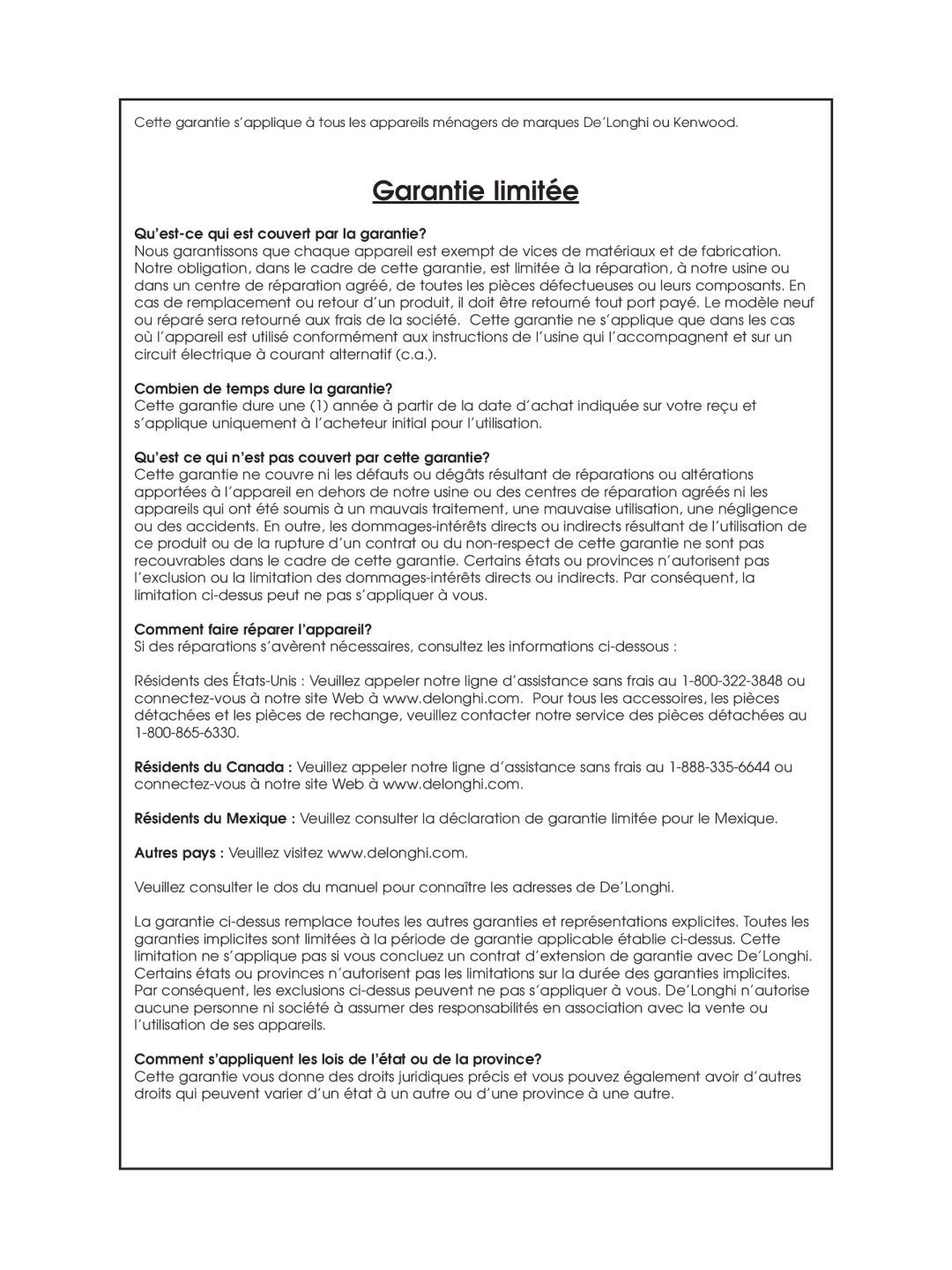 DeLonghi DBL750 Series instruction manual Garantie limitée 