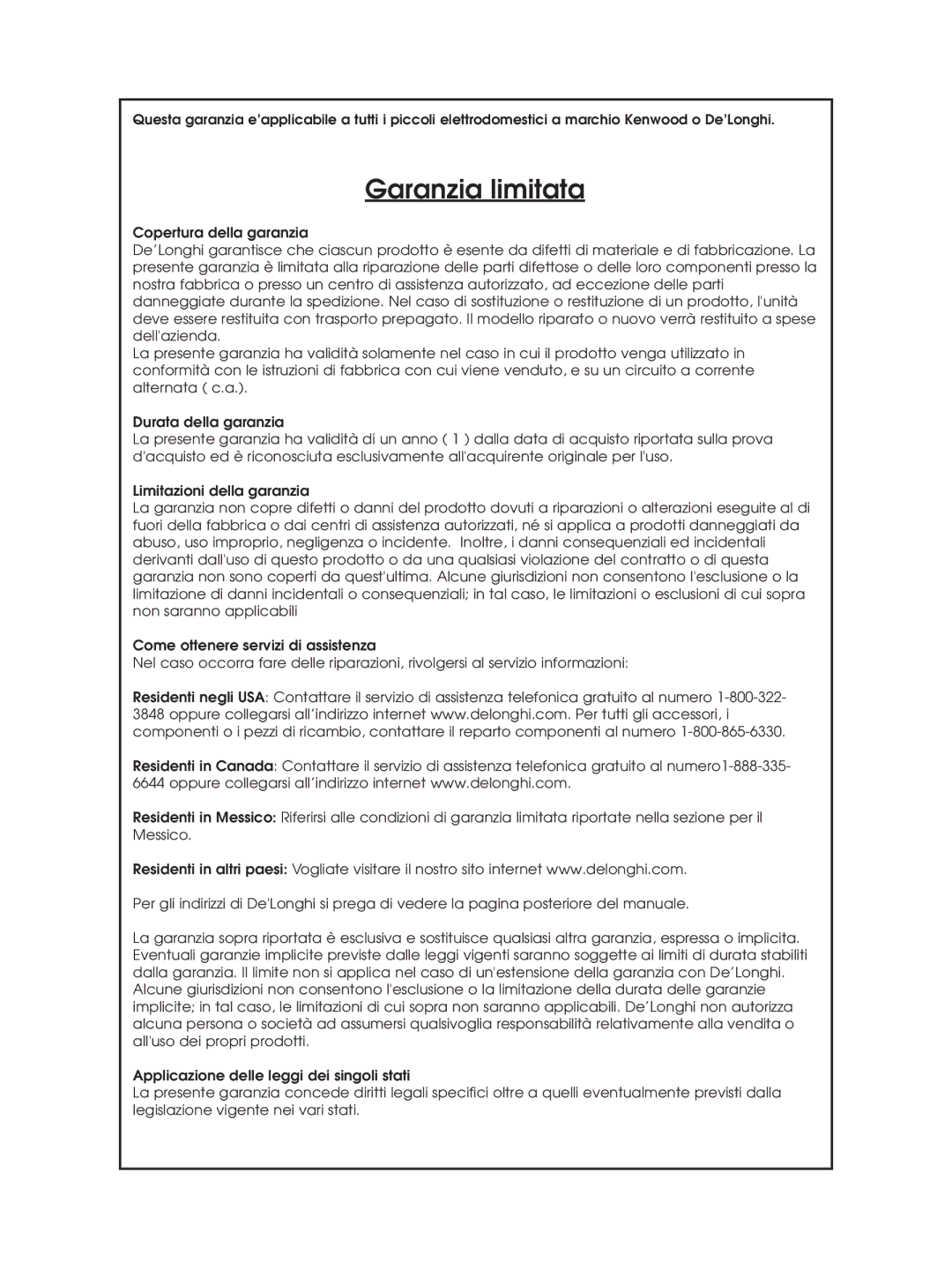 DeLonghi DBL750 Series instruction manual Garanzia limitata 