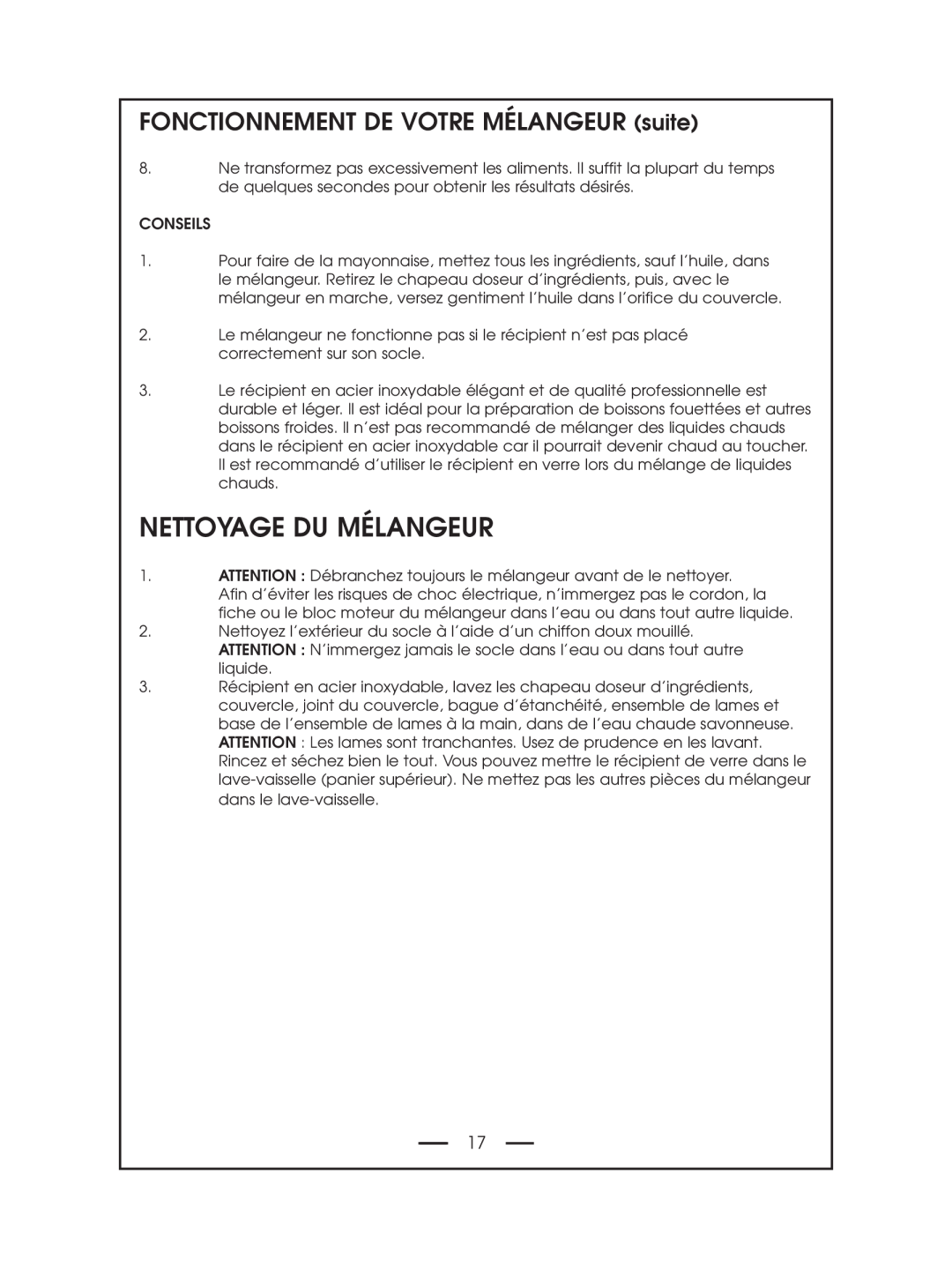 DeLonghi DBL750 Series instruction manual Nettoyage Du Mélangeur, FONCTIONNEMENT DE VOTRE MÉLANGEUR suite 