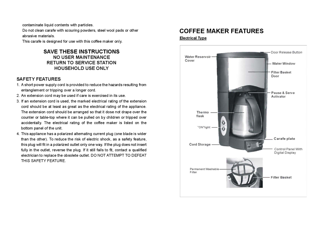 DeLonghi DC 78 TC manual Coffee Maker Features, Electrical Type 