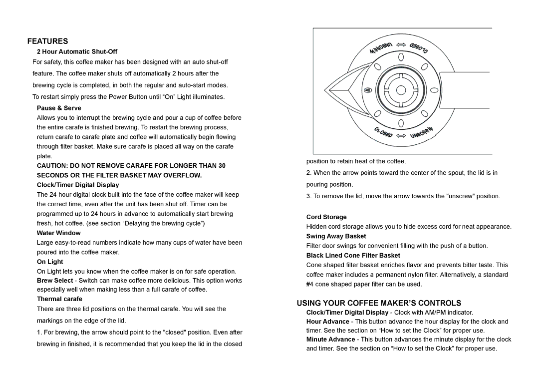 DeLonghi DC 78 TC manual Features, Using Your Coffee MAKER’S Controls 