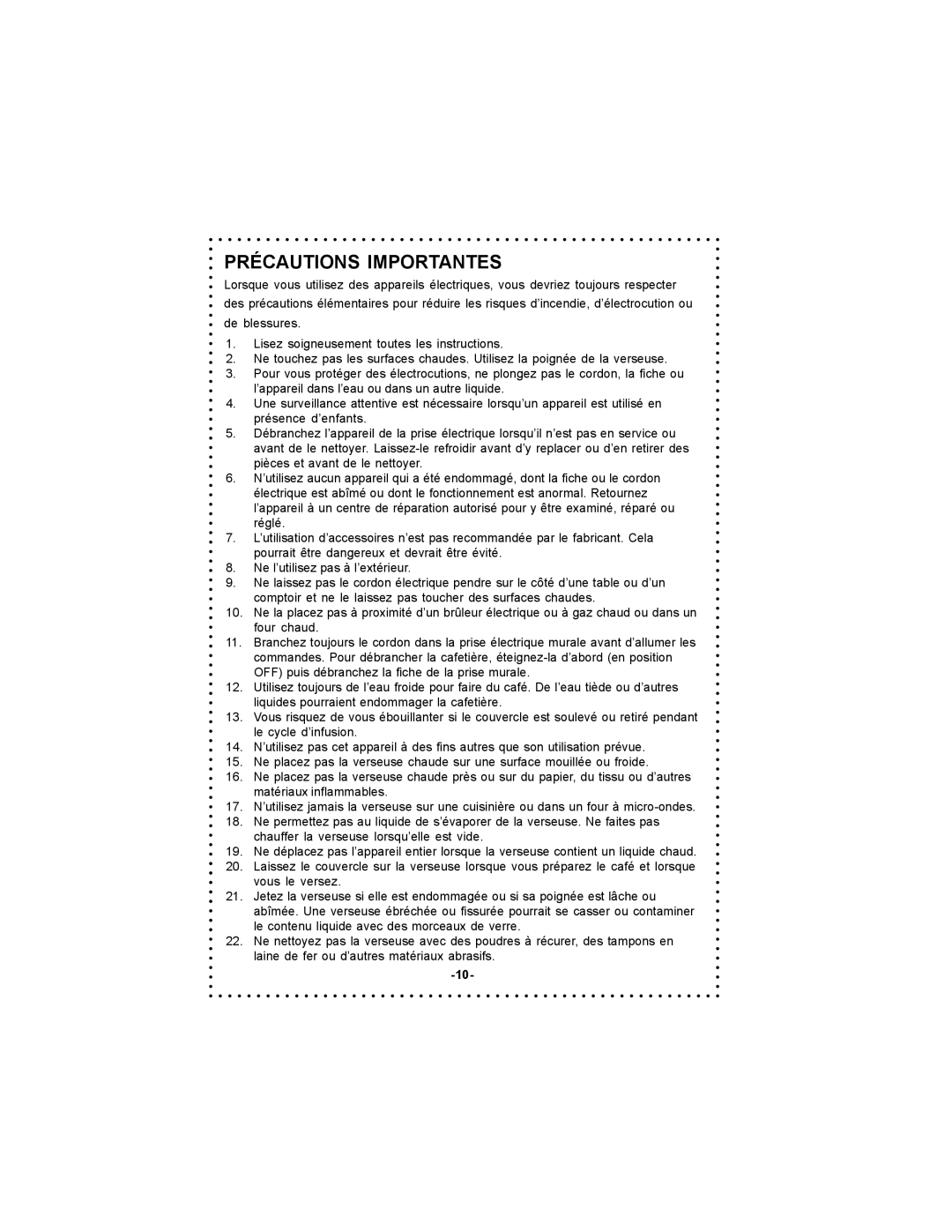 DeLonghi DC500 instruction manual Précautions Importantes 