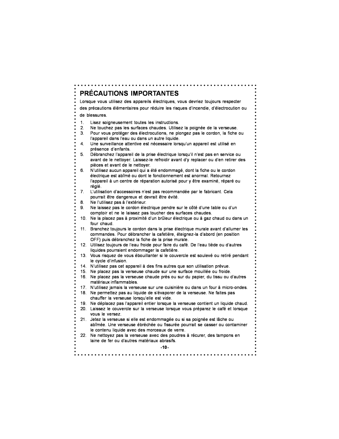 DeLonghi DC500 instruction manual Précautions Importantes 