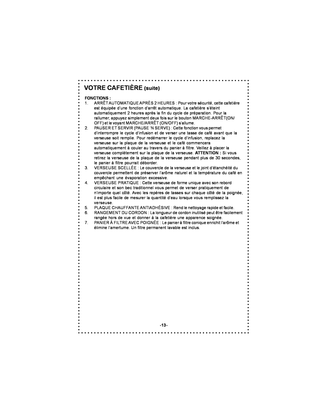 DeLonghi DC500 instruction manual VOTRE CAFETIÈRE suite, Fonctions 