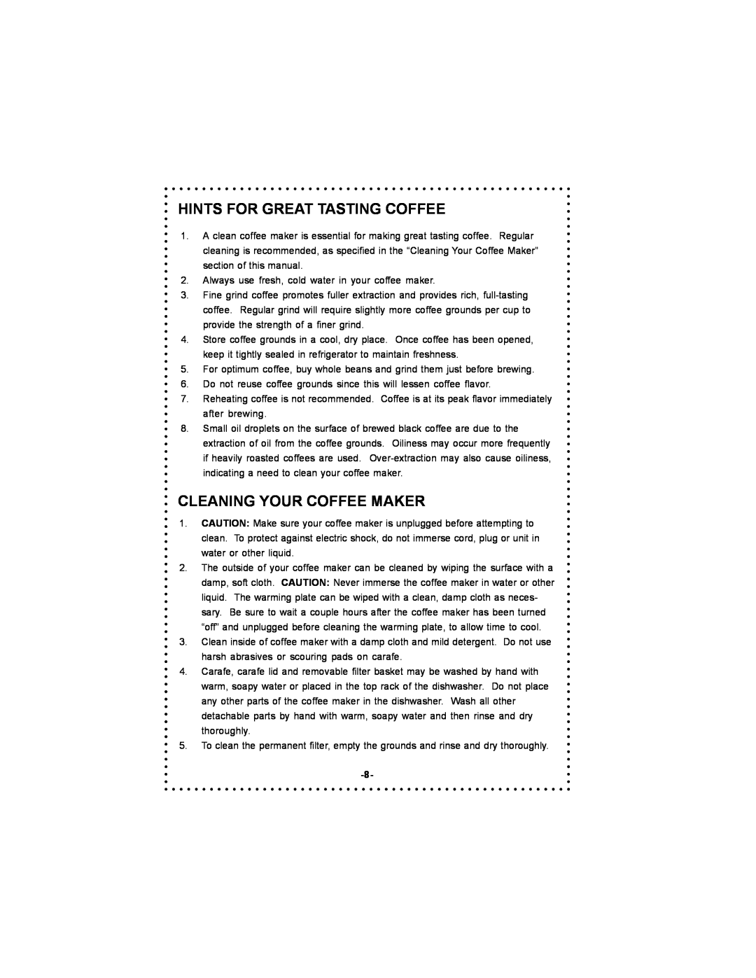 DeLonghi DC500 instruction manual Hints For Great Tasting Coffee, Cleaning Your Coffee Maker 