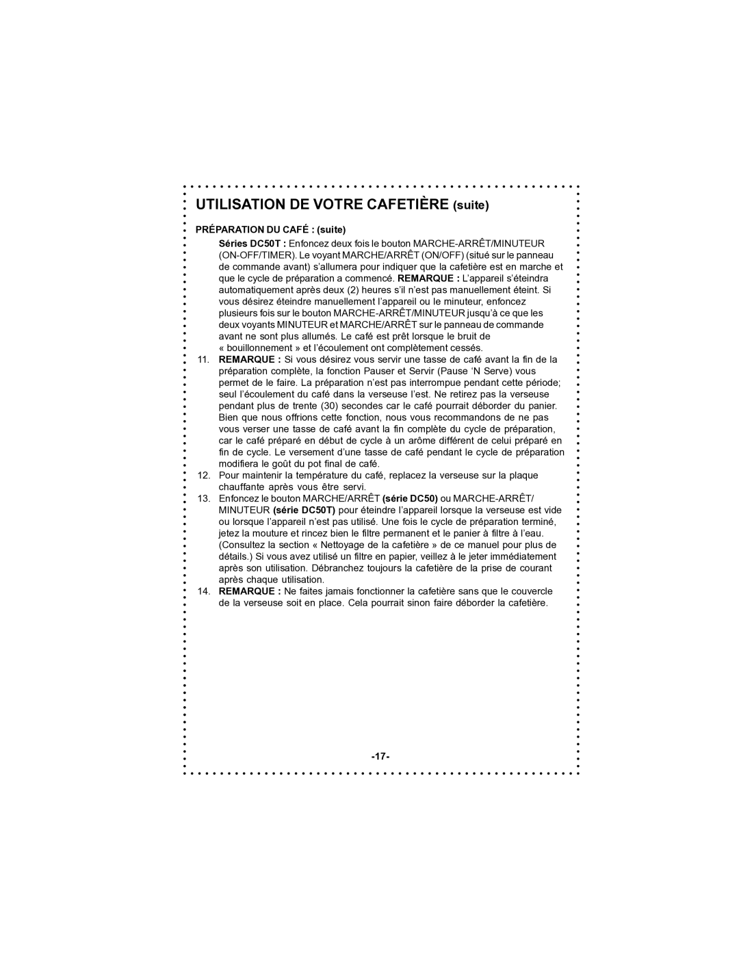 DeLonghi DC50T instruction manual Utilisation DE Votre Cafetière suite, Préparation DU Café suite 