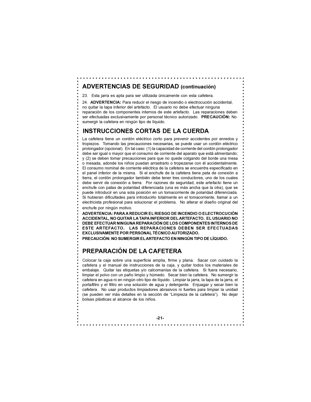 DeLonghi DC50T Advertencias DE Seguridad continuación, Instrucciones Cortas DE LA Cuerda, Preparación DE LA Cafetera 