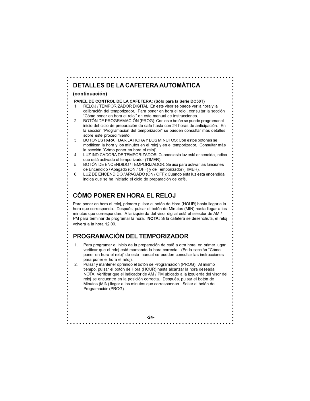 DeLonghi DC50T instruction manual Cómo Poner EN Hora EL Reloj, Programación DEL Temporizador 